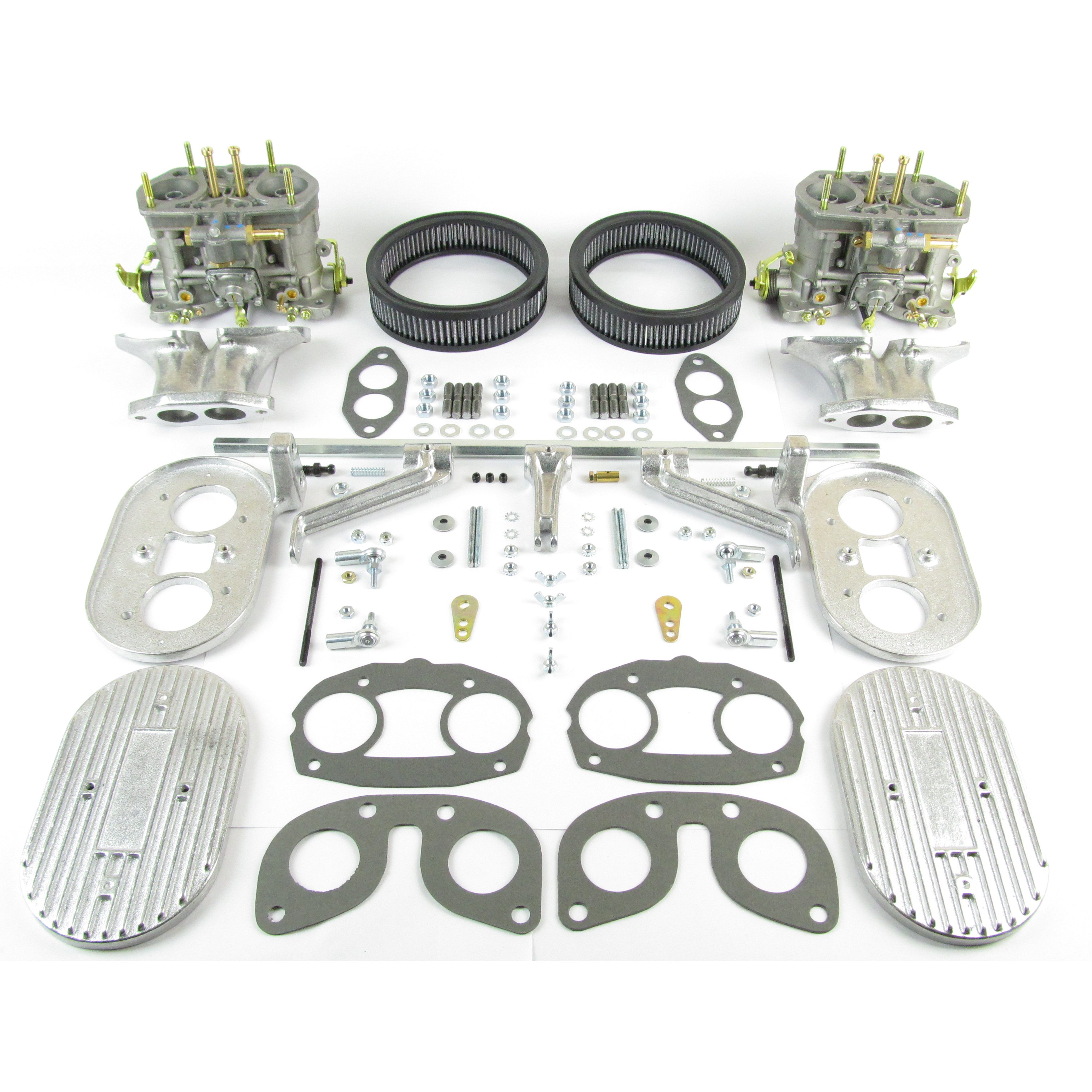Twin Weber IDF40 carburettor kit to suit VW type 3 aircooled engines. *Genuine Weber IDF 40 carburettors – not Chinese copies* If you have been quoted a cheaper price they will either be Chinese made or not jetted to suit. Straight manifolds Cast alloy air filter bases and tops. Washable air filter elements Quality metal rose joints with left and right hand threaded rods to give precise adjustment. Manifold and air filter gaskets Assembly guide included Carburettors are re-jetted to suit engine size, please select the correct kit according to engine size.