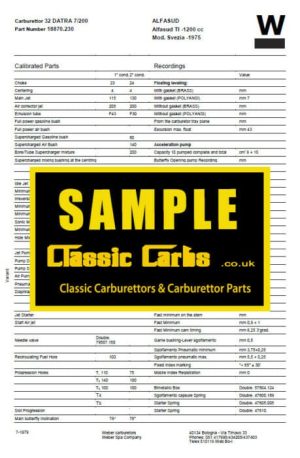 WEBER CARBURETTOR 40 DCOE 19 BMW 1600/1800 ALPINA Jetting Spec Sheet