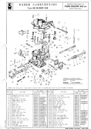 WEBER CARBURETTOR 28/30 DGV 14A FORD ESCORT 940 cc. manual diagram