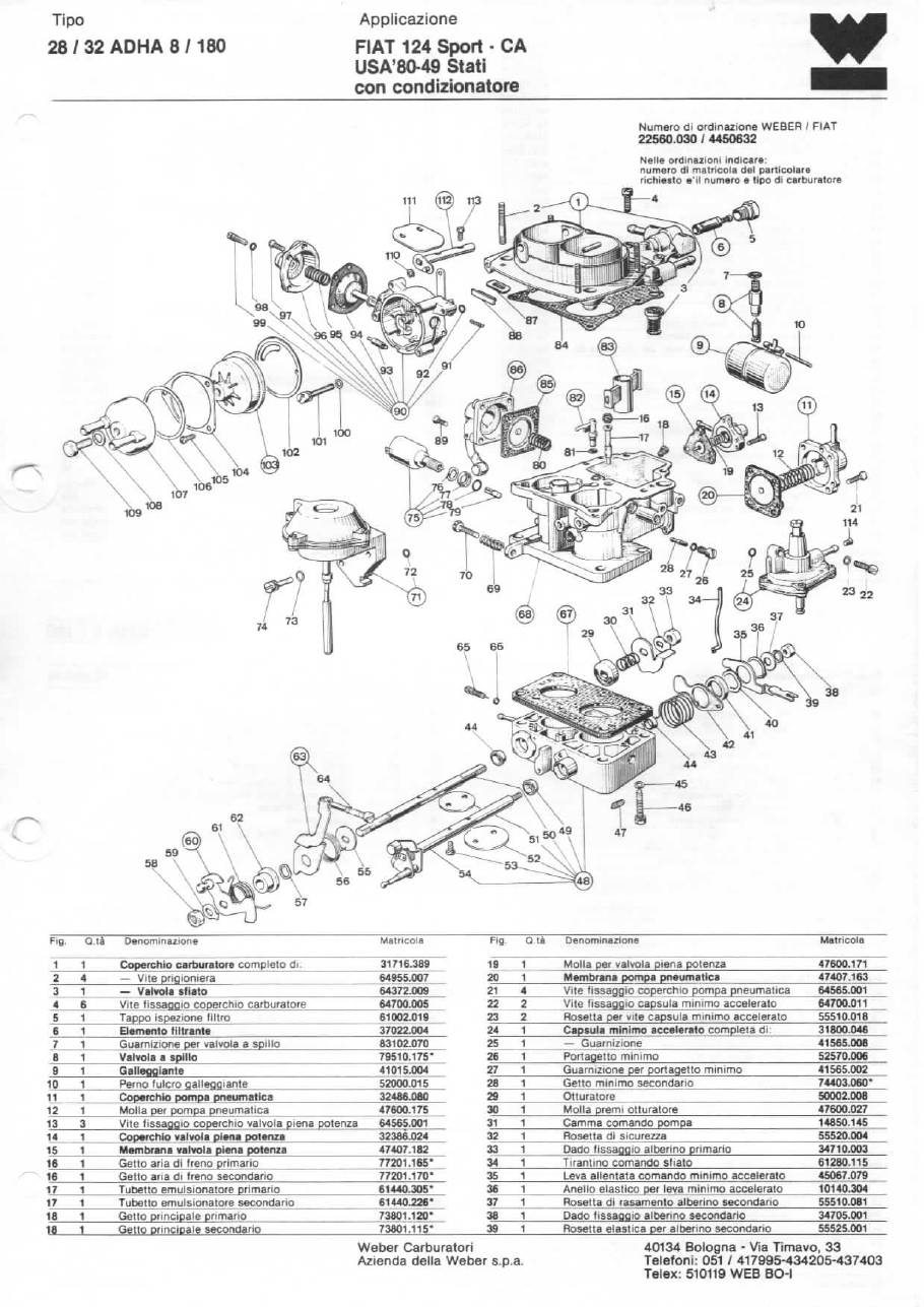 WEBER CARBURETTOR 28/32 ADHA 8/180 FIAT 124 Sport-CA USA '80-49 diagram WEBER CARBURETTOR 28/32 ADHA 8/180 FIAT 124 Sport-CA USA '80-49 diagram