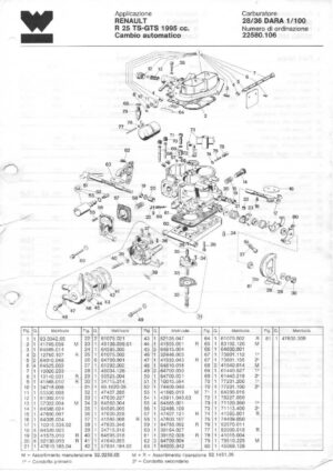 WEBER CARBURETTOR 28/36 DARA 1/100 RENAULT R 25 TS-GTS 1995 cc. diagram