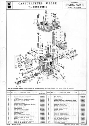 WEBER CARBURETTOR 28/36 DCB 4 SIMCA 1501 S BORG-WARNER diagram
