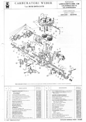 WEBER CARBURETTOR 30/32 DHTA 3/179 LANCIA BETA 2000-CM CALIFORNIA-USA '79 diagram