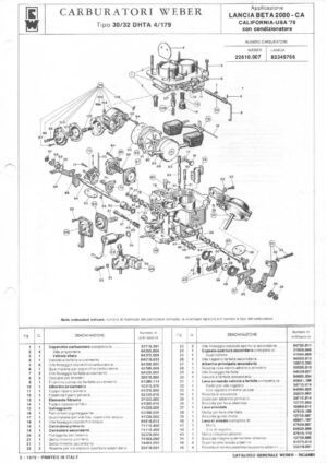 WEBER CARBURETTOR 30/32 DHTA 4/179 LANCIA BETA 2000-CA CALIFORNIA-USA '79 diagram