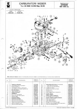 WEBER CARBURETTOR 30 DGS 13/250 Rep. 92.50 CITROEN 1300 cc. diagram