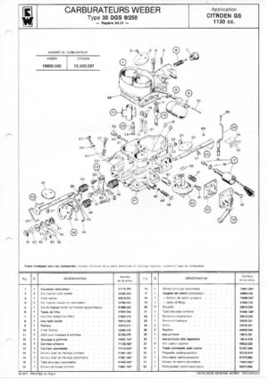 WEBER CARBURETTOR 30 DGS 9/250 CITROEN GS 1130 cc. diagram