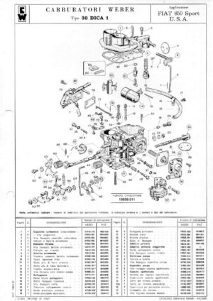 WEBER CARBURETTOR 30 DICA 1 FIAT 850 Sport U.S.A diagram