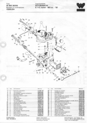 WEBER CARBURETTOR 30 IBA 28/250 AUTOBIANCHI A 112 Junior - 903 cc. - '82 diagram