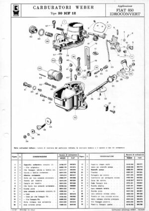 WEBER CARBURETTOR 30 ICF 12 FIAT 850 HYDROCONVERT diagram