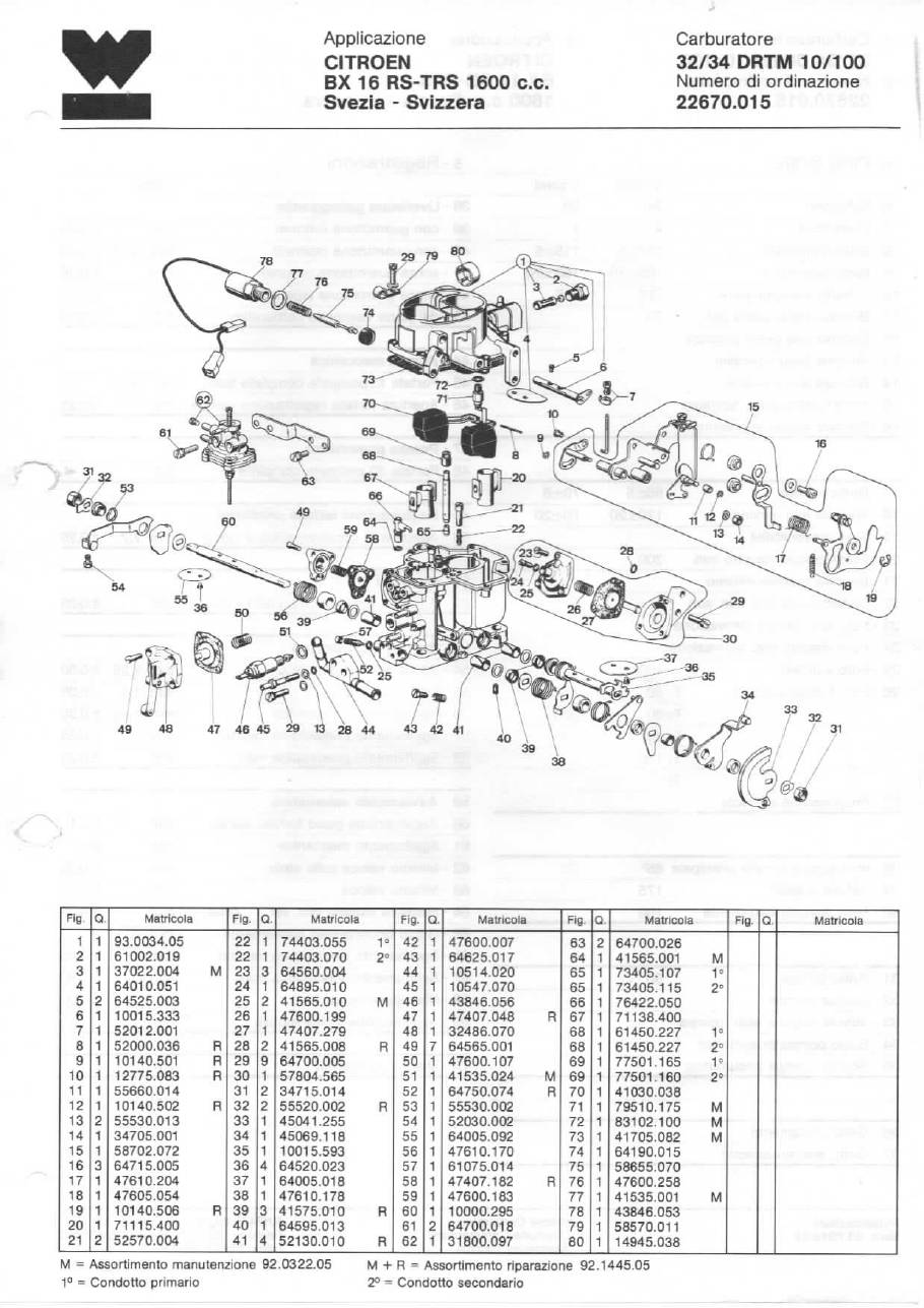 WEBER CARBURETTOR 32/34 DRTM 10/100 CITROEN BX 16 RS-TRS 1600 c.c. Sweden - Switzerland diagram WEBER CARBURETTOR 32/34 DRTM 10/100 CITROEN BX 16 RS-TRS 1600 c.c. Sweden - Switzerland diagram