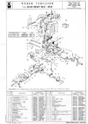 WEBER CARBURETTOR 32/36 DFAV 20 C - 20 D FORD CAPRI 2000/CORTINA 2000 Manual diagram
