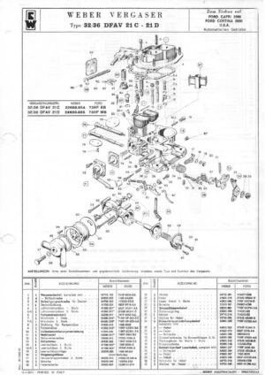 WEBER CARBURETTOR 32/36 DFAV 21 C - 21 D FORD CAPRI 2000/CORTINA 2000 USA diagram