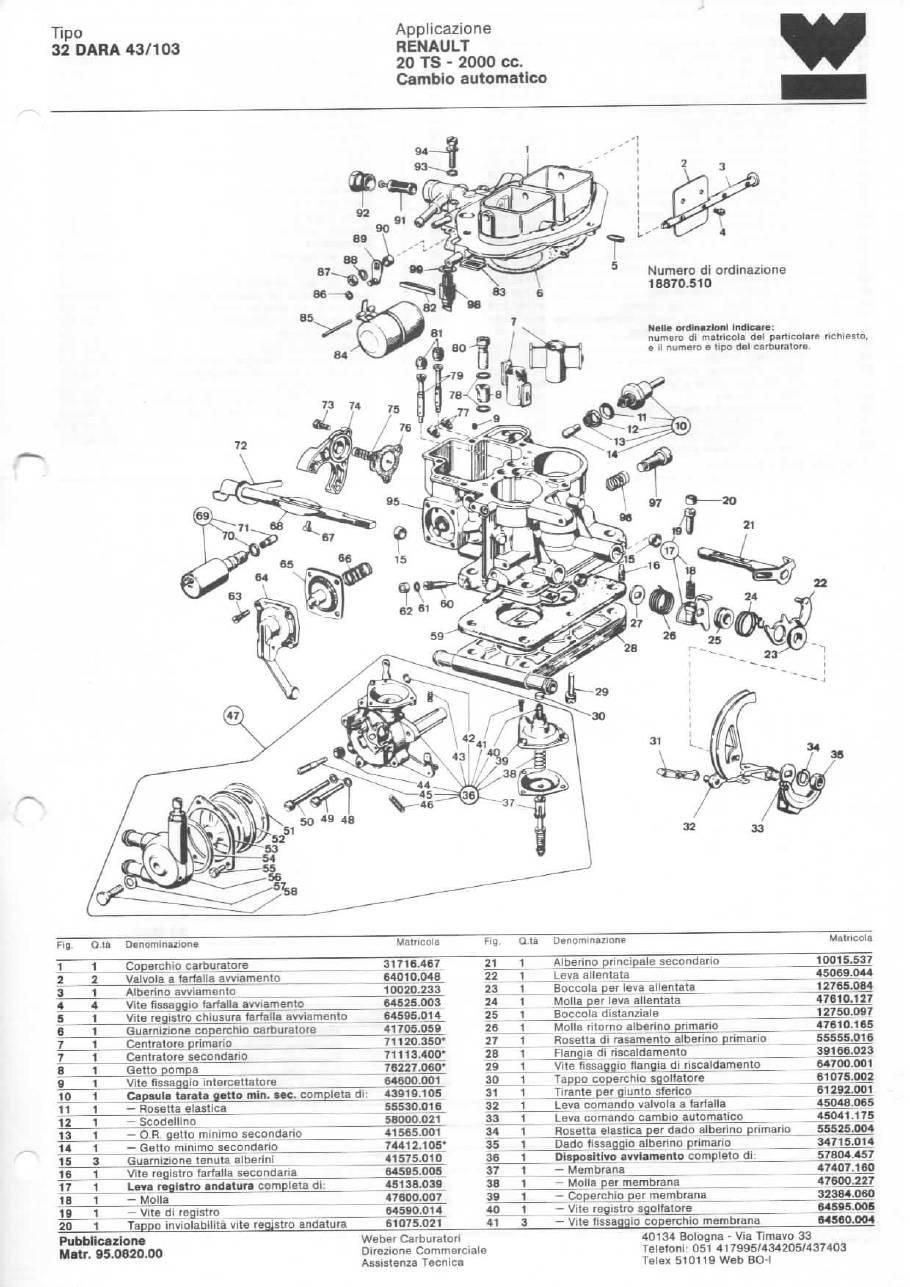 WEBER CARBURETTOR 32 DARA 43/103 RENAULT 20 TS-2000 cc. AUTOMATIC diagram WEBER CARBURETTOR 32 DARA 43/103 RENAULT 20 TS-2000 cc. AUTOMATIC diagram