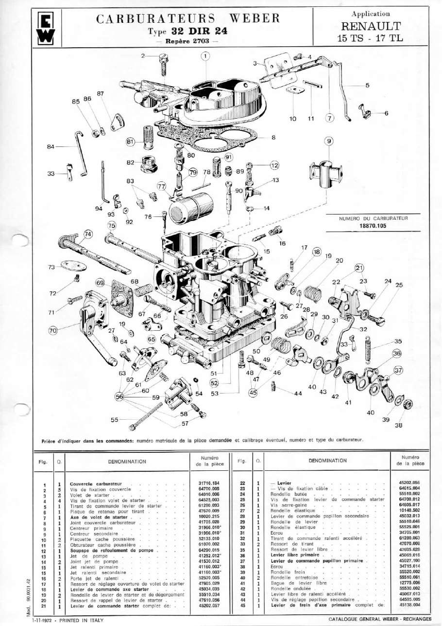 WEBER CARBURETTOR 32 DIR 24 RENAULT 15 TS/17 TL diagram WEBER CARBURETTOR 32 DIR 24 RENAULT 15 TS/17 TL diagram
