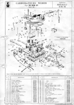 WEBER CARBURETTOR 32 DIR 27 RENAULT 16 TS-TA diagram
