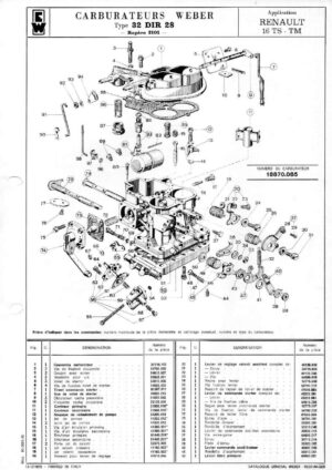 WEBER CARBURETTOR 32 DIR 28 RENAULT 16 TS-TM diagram