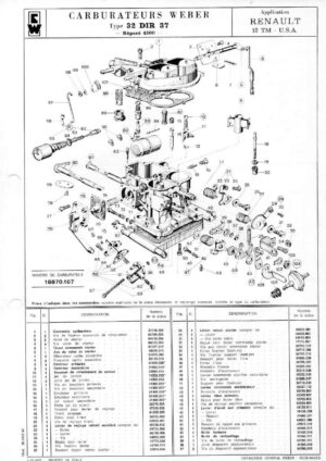 WEBER CARBURETTOR 32 DIR 37 RENAULT 12 TM USA diagram