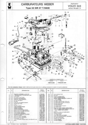 WEBER CARBURETTOR 32 DIR 57 T/8400 VOLVO 343 RENAULT 1400 CC diagram