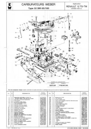 WEBER CARBURETTOR 32 DIR 65/100 RENAULT 12 TS-TM CANADA 1400 CC diagram