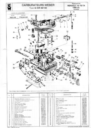 WEBER CARBURETTOR 32 DIR 66/100 RENAULT 12 TS-TA CANADA 1400 CC diagram