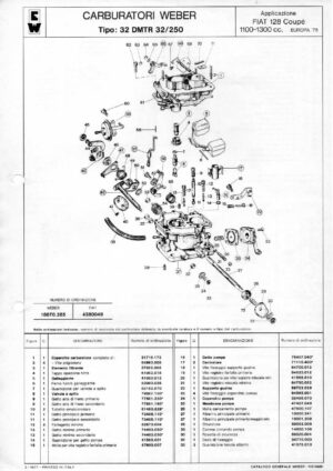 WEBER CARBURETTOR 32 DMTR 32/250 FIAT 128 COUPE 1100-1300 CC diagram