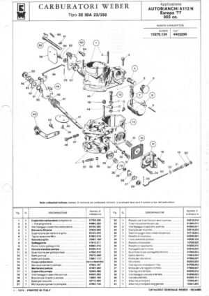 WEBER CARBURETTOR 32 IBA 23/350 A 112 N AUTOBIANCHI EUROPE '77 903 CC diagram