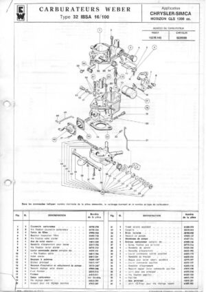 WEBER CARBURETTOR 32 IBSA 16/100 CHRYSLER SIMCA HORIZON GLS 1300 diagram