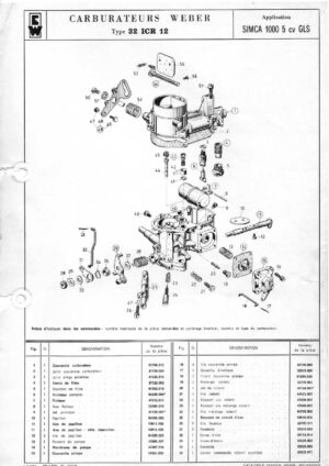 WEBER CARBURETTOR 32 ICR 12 SIMCA 1000 5 CV GLS diagram