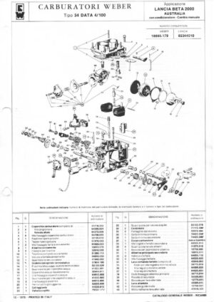 WEBER CARBURETTOR 34 DATA 4/100 LANCIA BETA 2000 AUSTRALIA CM diagram