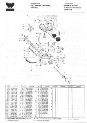 WEBER CARBURETTOR 34 DMTR 87/250 FIAT REGATA 100 SUPER 1600 CC diagram