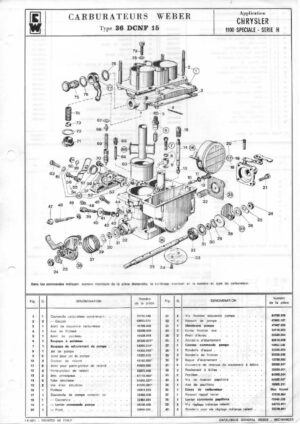 WEBER CARBURETTOR 36 DCNF 15 CHRYSLER 1100 SPECIALE SERIES H diagram