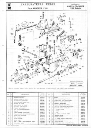 WEBER CARBURETTOR 36 DCNVA 1/100 CHRYSLER SIMCA 1100 SPECIAL diagram