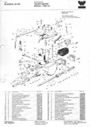 WEBER CARBURETTOR 36 DCNVA 16/100 TALBOT-MATRA MURENA 1592 CC diagram