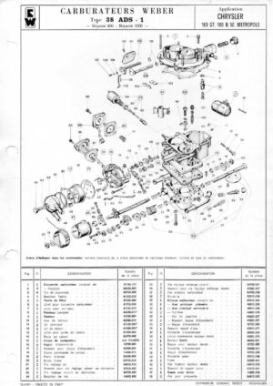 WEBER CARBURETTOR 38 ADS 1 CHRYSLER 160 GT/180 B.W. METROPOLE diagram