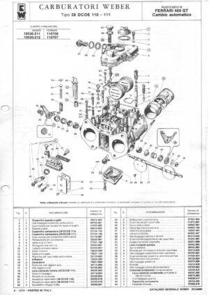 WEBER CARBURETTOR 38 DCOE 110-111 FERRARI 400 G.T. AUTOMATIC diagram