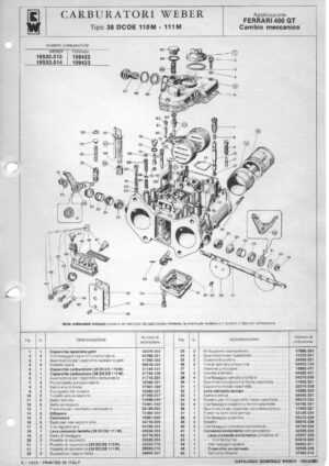 WEBER CARBURETTOR 38 DCOE 110M-111M FERRARI 400 G.T. MANUAL diagram