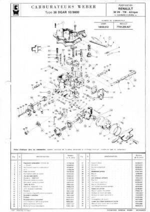 WEBER CARBURETTOR 38 DGAR 10/8600 RENAULT 30 V6 TM AFRICA diagram