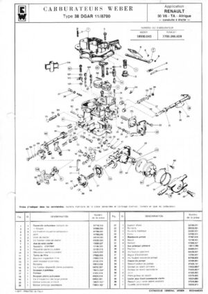 WEBER CARBURETTOR 38 DGAR 11/8700 RENAULT 30 V6 TA AFRICA diagram