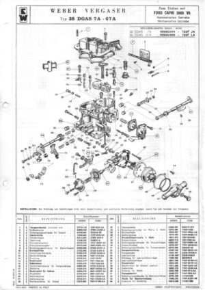 WEBER CARBURETTOR 38 DGAS 7A-07A FORD CAPRI 3000 V6 AT/MT diagram