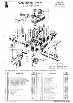 WEBER CARBURETTOR 40 DCOE 106/107 ALFA ROMEO ALFETTA GT 1600 CC diagram