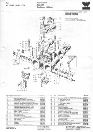WEBER CARBURETTOR 40 DCOE 126A/127A TALBOT SUNBEAM 1600 CC diagram