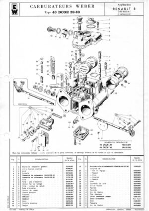 WEBER CARBURETTOR 40 DCOE 29-30 RENAULT 8 GORDINI diagram