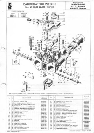 WEBER CARBURETTOR 40 DCOE 92-93/150 LAMBORGHINI 400 GT ESPADA/400 GTS JARAMA diagram