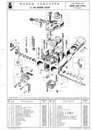 WEBER CARBURETTOR 45 DCOE 15/16 BMW 1800 TI/SA diagram
