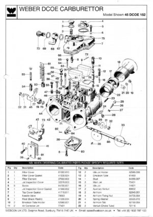 19600.060 WEBER 45 DCOE 152 CARBURETTOR DIAGRAM DRAWING, PART NUMBERS & CALIBRATION (IN ITALIAN)