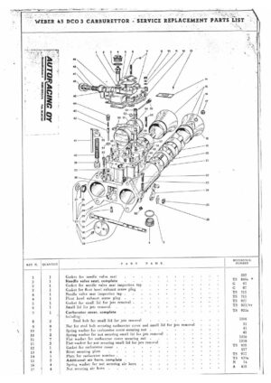 WEBER CARBURETTOR 45 DCO 3 SERVICE REPLACEMENT PARTS LIST diagram